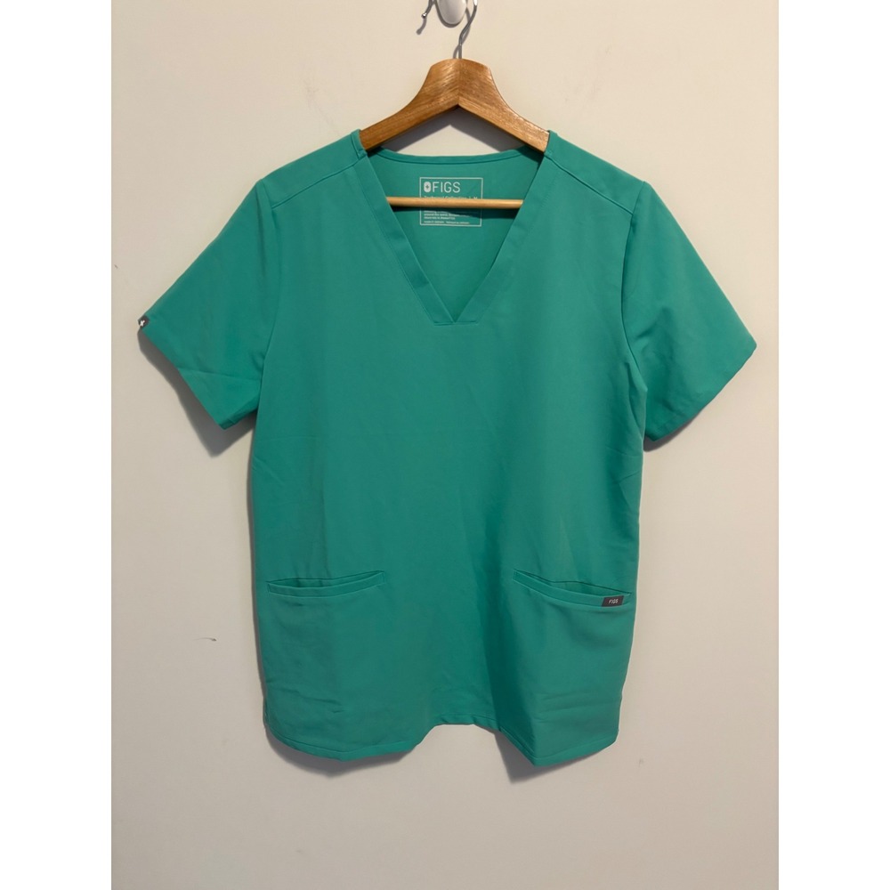 FIGS Technical Collection Women Teal V-Neck Scrub Top Medium Short Sleeve Pocket
